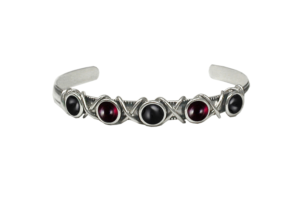 Sterling Silver Cuff Bracelet With Black Onyx And Garnet